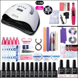 Kits Manicure Set 12 Colours Gel Polish Base Top Coat Nail Kit 114w/90w/72w Uv Led Lamp Electric Manicure Handle Nail Art Set