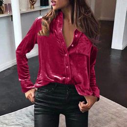 Women's Blouses Velvet Shirt Tops And Women Female Pocket Stylish Slim Ladies Office Shirts Flannel Turn-Dowm Collar Long Sleeve