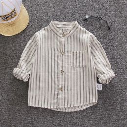 Shirts Spring New Long Sleeve Children's Clothing Stand Collar Singlebreasted Thin Spliced Pocket Cotton Fashion Simplicity Boys Shirt