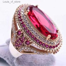 Band Rings Gorgeous Oval Inlaid Red Zircon Ring Luxury Metal Two Tone Filled CZ Weddings for Women Engagement Fashion Jewelry H240424