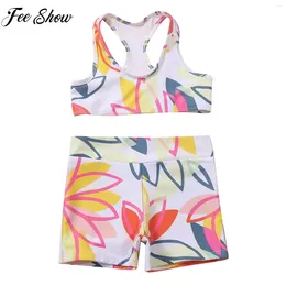 Women's Swimwear 2Pcs Kids Girls Swimsuits Sleeveless Floral Printed Tops And Shorts Set Water Beach Pool Swimming Bathing Suits Outfit