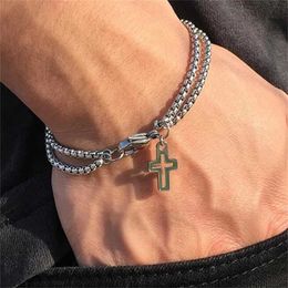 Beaded Double Chain Hollow Cross Pendant Stainless Steel Lobster Claw Bracelet Fashion Hip Hop Punk Party Mens Jewellery Gift 240423