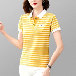 Shirts Tshirt Woman Short Sleeve Tee Tops Button Clothing Striped Polo Neck Shirts for Women V Polyester Golf Summer 2023 Synthetic