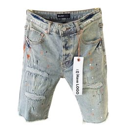 Casual summer mens blue jean designer shorts pocket straight holes night club man Patch rip short jeans purple