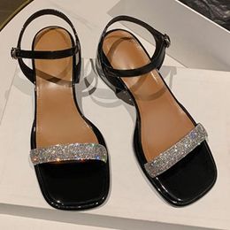 Casual Shoes Fashion Crystal Buckle Strap Elegant Summer Sandals Square Toe Chunky Heels Women Low Solid Cozy Sandalias Femininas