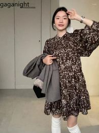 Casual Dresses Gaganight Women Maillard Curry French Style Floral Dress 2024 Autumn High Neck Puff Sleeve Cake Loose Long