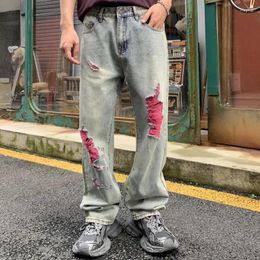 Men's Jeans Spring & Summer Pink For Men Destroyed Washed Skateboard Pants Loosen Fitting Long Denim