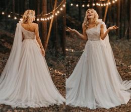 New Country Bohemian A Line Wedding Dresses One Shoulder Lace Appliques Pearls Sweep Train Tulle Plus Size Formal Boho Beach Brida7934408