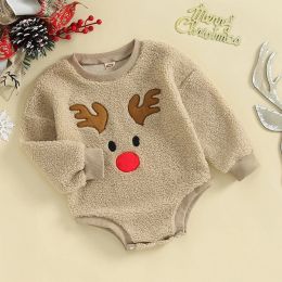 One-Pieces Winter Warm Fleece Baby Romper Christmas Newborn Clothes Long Sleeve Cartoon Reindeer Embroidery Bodysuit Infant Girl Boy Outfit