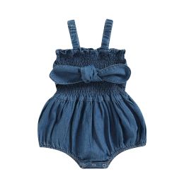 One-Pieces pudcoco Infant Baby Girls Denim Romper Solid Color Bowknot Ruched Sleeveless Sling Bodysuits Summer Newborn Baby Playusits 018M