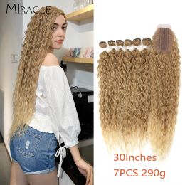 Weave Weave Weave Synthetic hair Afro Kinky Curly Hair Bundles With Closure Ombre Brown Golden 30 inch Soft Super Long Wave Hair