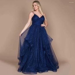 Party Dresses Black Evening Navy Blue Sparkly Spaghetti Strap V Neck Ruffles Tulle Women Formal Prom Gowns Long