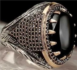 Band Rings Punk Handmade Turkish Signet Ring for Men Vintage Silver Colour Metal Inlaid Black Stone Religious Muslim Jewellery H240424