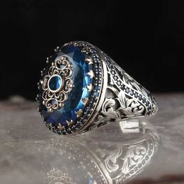 Band Rings Vintage Trendy Women Ring Handmade Carved Turkish Signet for Men Creativity Inlaid Blue Zircon Party Punk Jewellery H240424
