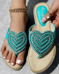 Slippers Flip Flops Women's Rhinestone Pearls Heart Pattern Beach Shoes Love Flip-flops Sandals Large Size Flat 36-42