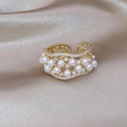 Cluster Rings Korea Fashion Jewellery Luxury Zircon Geometric Pearl Ring Elegant Women's Opening Daily Work Accessories