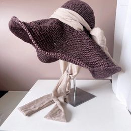 Wide Brim Hats 202404-shi Ins Chic Summer Wind Holiday Beach Handmade Paper Grass Can Fold Long Ribbon Lady Sun Cap Women Leisure Hat