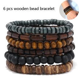 Strands 6pcs/set Fashion Men's Handbeaded Bracelet Vintage Style Multilayer Stretch Thread Wood Bead Coconut Shell Charm Bracelet