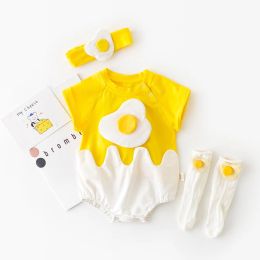 Sets 2020 Newborn Baby Rompers Cartoon Cute Eggs Infant Toddler Jumpsuit New Fashion Cotton Girls Boys Clothes Outfits Send Hair Band