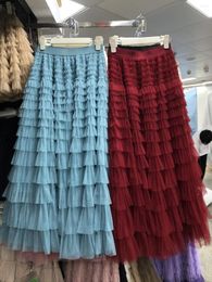 Skirts TingYiLi Korean Style Fashion Ruffle Long Maxi Tulle Skirt Women Mesh Layered Pleated Black Blue Pink Green Grey Red