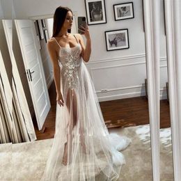 Sexy Straps Beaded Lace Glitter Wedding Dress Split Side Tulle Shine Wedding Dresses For Bride See Through Appliques Bridal Wedding Gown
