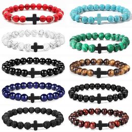 Beaded Men Natural Stone Bead Cross Bracelet Onyx Meditation Bracelet Women Yoga Jewelry Homme Pulser Lava Turquoise Beaded Bracelets 240423