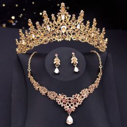 Necklaces Luxury Champagne Crystal Bridal Crown Jewellery Set Princess Queen Tiaras Prom Bride Wedding Earrings Dubai Necklace Set Fashion