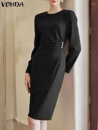 Casual Dresses VONDA Elegant Long Sleeve Dress 2024 Women Office Lady Sundress Loose O Neck Fashion Robe Femme Vestido Baggy