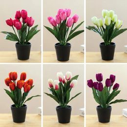 Decorative Flowers Simulation Potted Plants No Need To Water Realistic Decorate Faux Silk Flower Nine Head Artificial Tulip Bonsai For