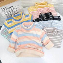 Tees Winter Children's HighNeck LongSleeved TShirt Boys And Girls Plus Velvet Striped Thermal Underwear Tops 26 Years Old