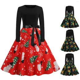 Casual Dresses Long Sleeve Printed Vintage Party Fit Christmas For Women Patchwork Cocktail Zipper Swing Women'S Evening Dress