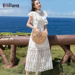 Party Dresses Women White Embroidery Lace Dress Elegant Butterfly Sleeve Summer Long Beach Ruffles Pearl Plus Size