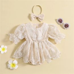 One-Pieces Infant Baby Girls Floral Embroidery Romper Dress Princess Sweet Baby Lace Short Sleeve Jumpsuit Summer Rompers and Headband