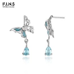Earrings F.I.N.S Original Korean Style S925 Sterling Silver Hollow Butterfly Stud Earrings Fashion Blue Enamel Zircon Piercing Ear Jewels