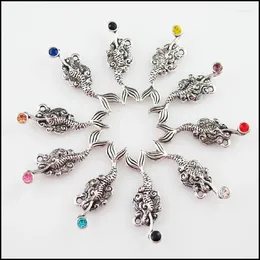 Charms 10Pcs Mixed Crystal Antique Silver Colour Animal Mermaid Pendants 10.5x32mm