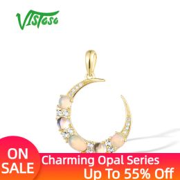 Pendants VISTOSO Genuine 14K 585 Yellow Gold Pendant for Women Sparkling Opal Blue Moonstone White Topaz Diamond Delicate Fine Jewellery