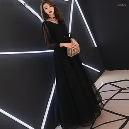 Party Dresses Sweet Memory Elegant Black Full Sleeves Evening Dress Pleat A-Line Zipper Back V-Neck Sequins Floor-Length Prom Gown