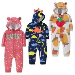 One-Pieces Infant Baby Romper 2024 Spring Autumn Warm Babi Boy Girl Clothes Coral Fleece Hooded Babe Girl Animal Jumpsuit