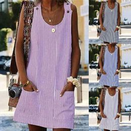 Casual Dresses Women's Wing Sleeve Round Neck Pocket Button Striped Camisole Dress Night Out For Women