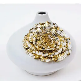 Vases Golden Flower Decorative Ceramic Vase Desk Decoration White Porcelain Pots Flowers Arrangement Modern Decor Floral