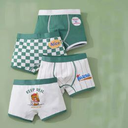 Underwear New Kids Panties for Boys Cotton Cartoon Bear Shorts Teenage Green Plaid Underwear Korean Children's Striped Underpants 4 Piece