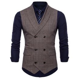 Vests Men Business Suit Vest Sleeveless Double Breasted British Style Plaid Waistcoat Slim Fit Men Suit Formal Blazers Waistcoat