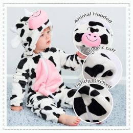 One-Pieces MICHLEY Halloween Cow Flannel Baby Rompers Winter Clothes Costume Hooded Bodysuits Pajamas Animals Overall Jumpsuit For Girl Boy