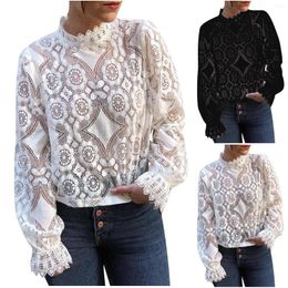 Women's T Shirts Sexy Sheer Long Sleeve Stand Collar Lace Pullover Top