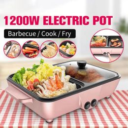 Multicookers Nonstick Barbecue Hot Pot Multifunctional 2 in 1 Electric Cooking Pots Machine Portable Barbecue Camping Home Cooking Appliance