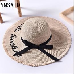 Ymsaid Wide Brim Sun Hats For Women Letter Embroidery Black Bow Panama Straw Hat Folded Floppy Beach Ladies Caps Chapeu Feminino 240423