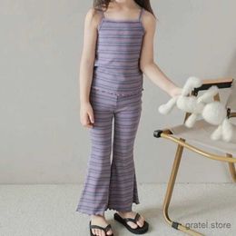 Clothing Sets 2024 Baby Girls Summer Suit Ice Silk Thin Childrens Striped Camisole Bell Pants Two-piece Set