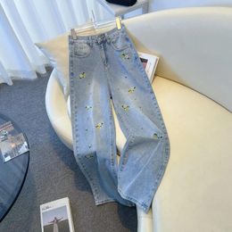 Women's Jeans 2024 Summer Vintage Floral Embroidery Baggy Women Blue Diamonds Wide Leg Pants Aesthetic Harajuku Denim Trousers Y2k