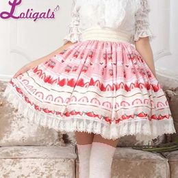 Skirts Sweet Pink Lolita Strawberry Printed Lace Pleated Knee Length Skirt For Girl