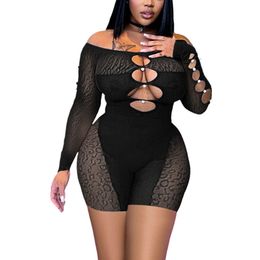 Women Jumpsuits Rompers Skinny Sexy Long Sleeve Hollow Out See Through Bodycon Hot Pants Short Jumpsuit Overalls